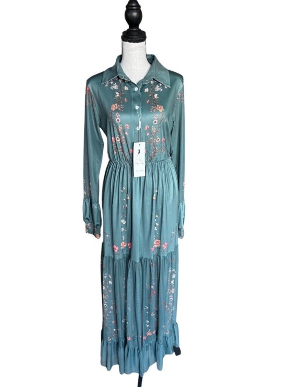 Maxi Dress Prairie Chic Traditional Modest Green Floral Semi Sheer Accents New M